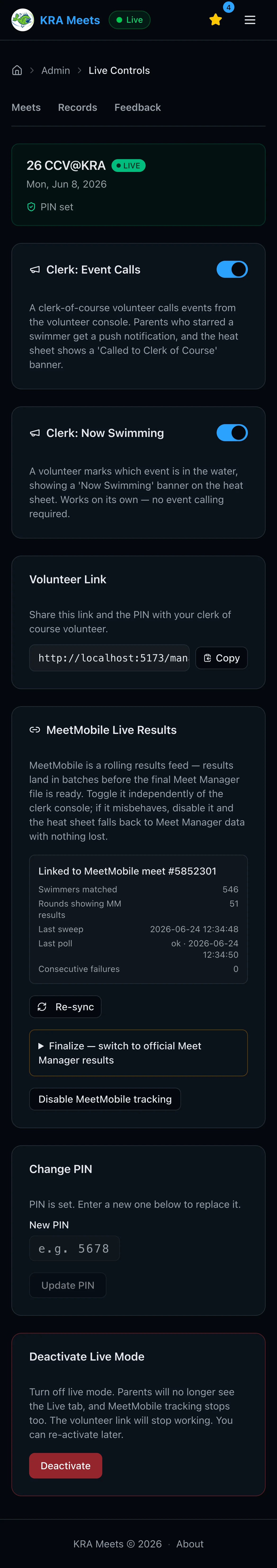 Admin live-controls screen with feature toggles and live-results settings