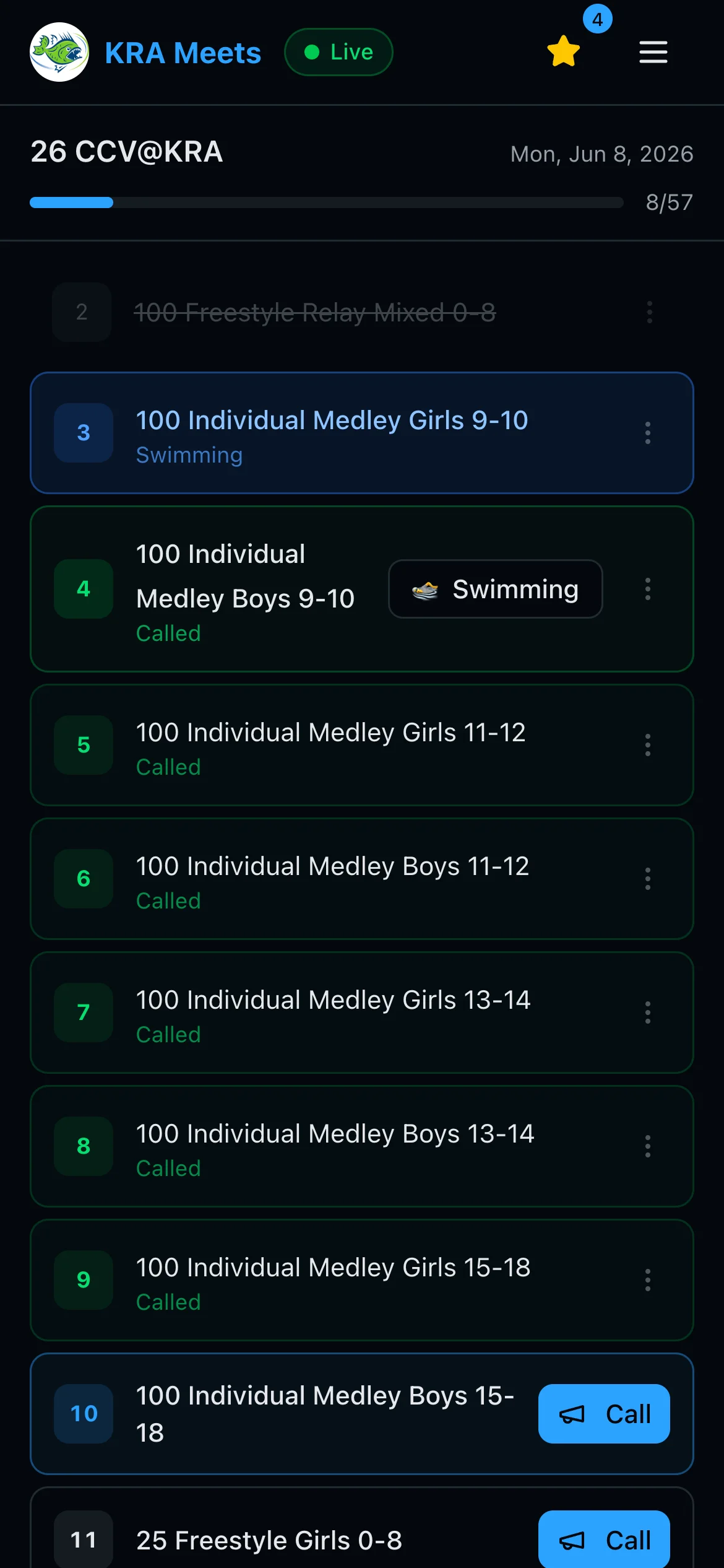 Clerk console showing events move from Call to Called to Swimming