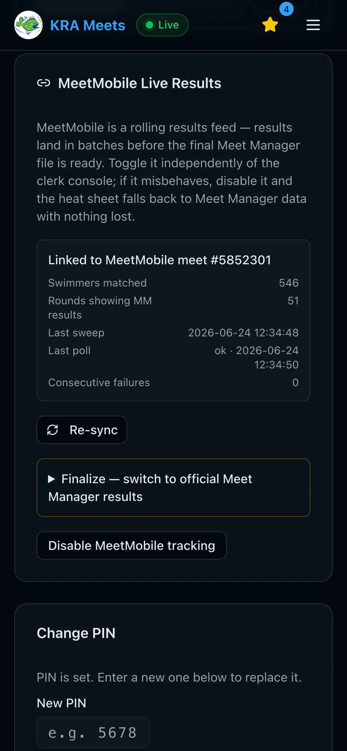 Admin panel showing the live MeetMobile results connection