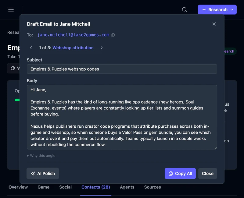 AI-generated email draft with personalized outreach based on the research